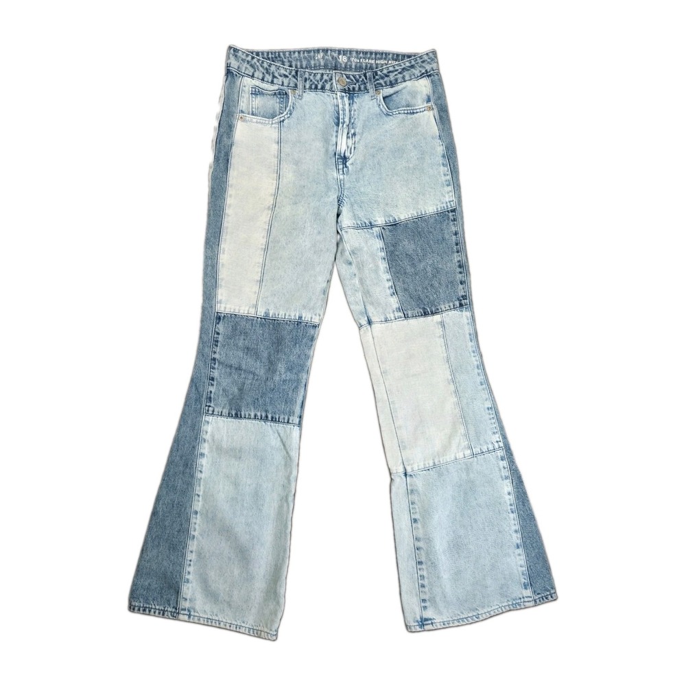 Gap 70s Flare High Rise Patch Work Denim Jeans Girls Jeans Sz18 29×30 Adjustable
